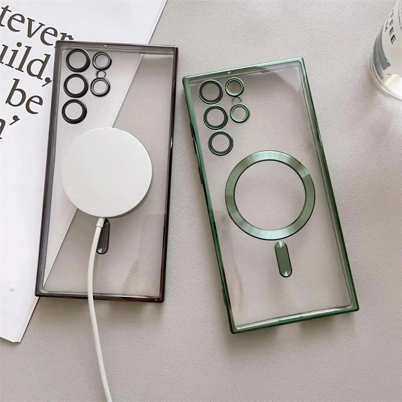 Luxury Plating Transparent For Magsafe Phone Case For Samsung Galaxy S25 S24 S23 Ultra Plus FE Wireless Charge Shockproof Cover