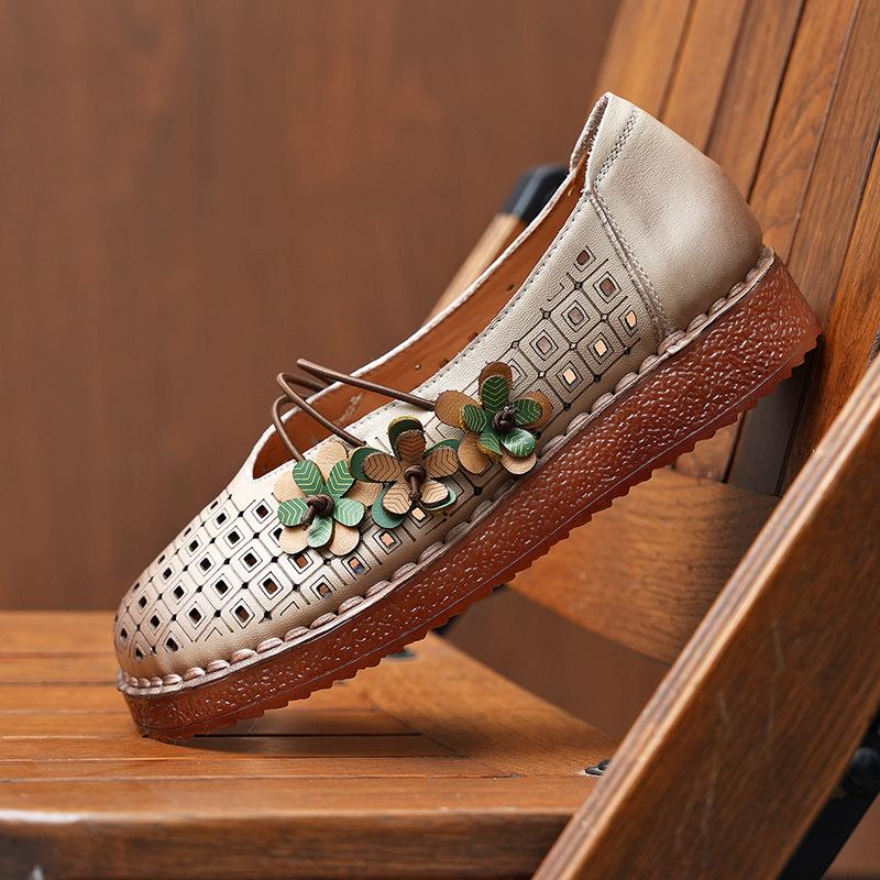 Johnature Flat Sandals Genuine Leather Hollow-out Breathable Retro Soft Soled Women's Shoes