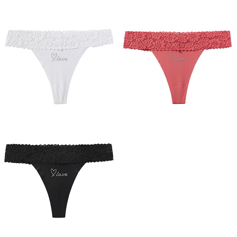 CINOON 3 Stück/Los Damen Sexy Niedrig geschnittener Tanga Spitze am Bund Nahtloser Slip Einfarbiger Leichter Atmungsaktiver Tanga
