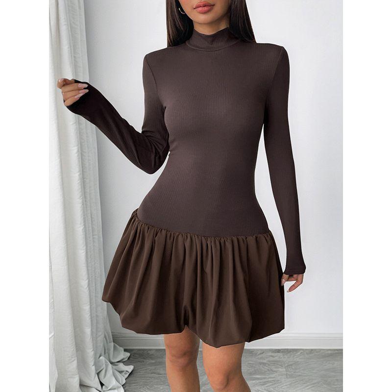 Elegant Long Sleeve Dress Women 2025 Autumn New European and American Turtleneck Patchwork Bottoming Short Skirt