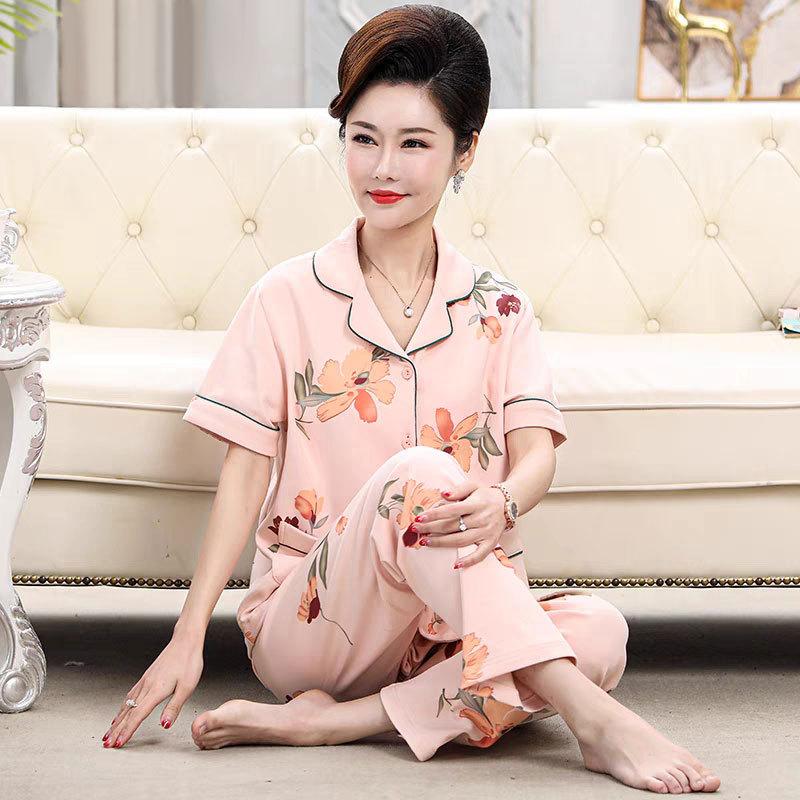Factory Middle-Aged Pajamas Pink Flower Short-Sleeved Trousers Loose Large Size Can Be Worn Outside Loungewear Suit Women