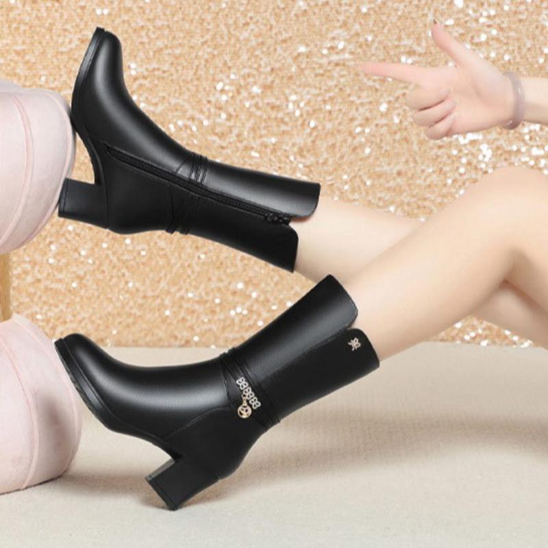 Women's Mid-calf Boots, Women's Boots, Middle-aged Cotton Boots, Soft-soled Fleece-lined Leather Shoes, Autumn and Winter Boots