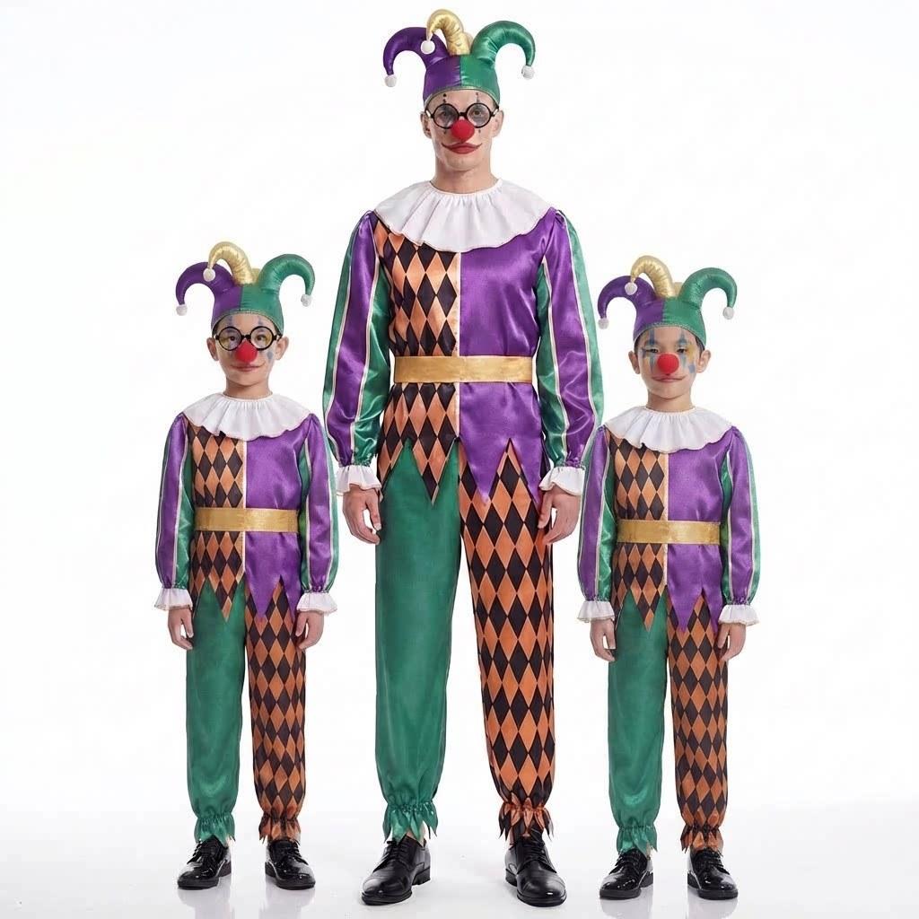 Carnival Clown Costume Set With Satin Fabric For Stage Performance In Adult And Teen Sizes