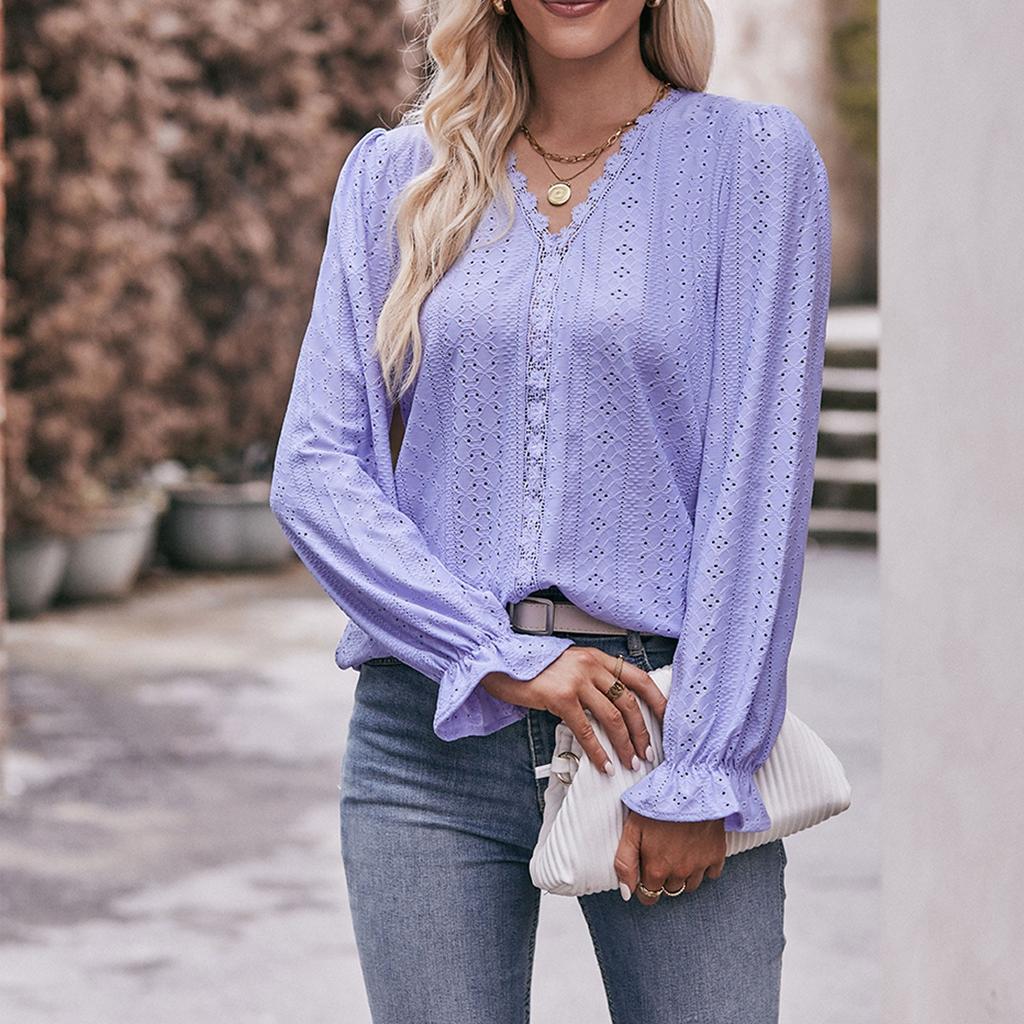 Women's Fashion Solid Color V-neck Long Sleeved Pullover T-shirt Top
