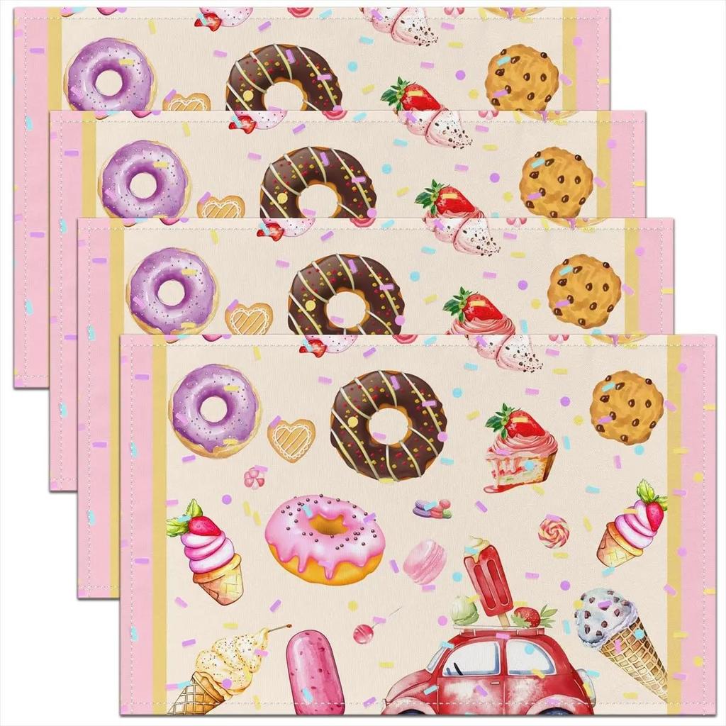 4PC Ice Cream Truck Placemat ,Sweet Doughnut Outdoor Indoor Place Mats,Stripe Washable Durable Table Mats 30X45cm