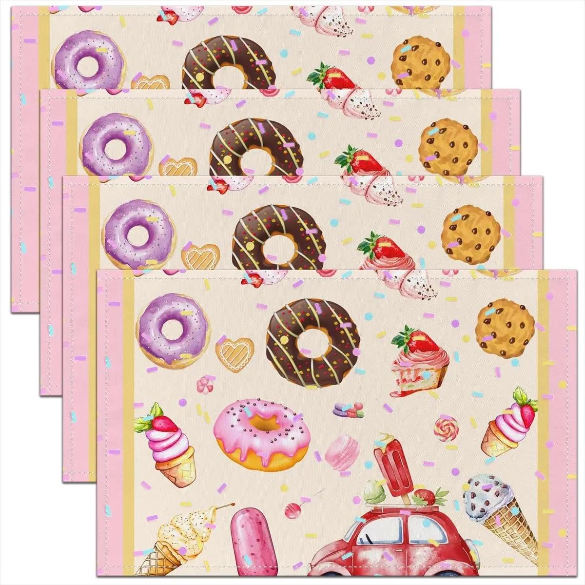 

4PC Ice Cream Truck Placemat ,Sweet Doughnut Outdoor Indoor Place Mats,Stripe Washable Durable Table Mats 30X45cm 30x45cm-4PC