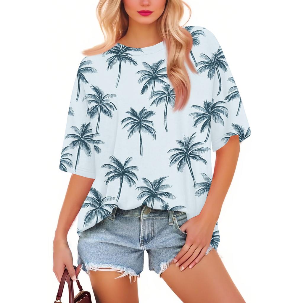 Women's Fashion Casual Floral Loose Round Neck Short Sleeve Trendy Holiday T-shirt Top