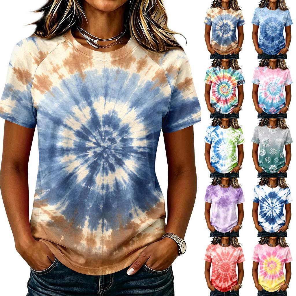 Damen Freizeit Kurzarm Raglan T-Shirt Rundhals Batik-Print Leichtes Weiches Gewebe Sommer Oberteil