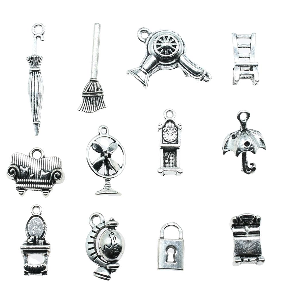 10pcs Daily Necessities Charms Umbrella Hair Dryer Broom Sofa Globe Pendants Jewelry Making Antique Silver Color