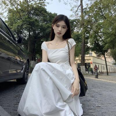 Einfarbiges Quadratischer Ausschnitt Französisches Kleid Lang Hohe Taille Schmaler Rock Damen Sommerkleid