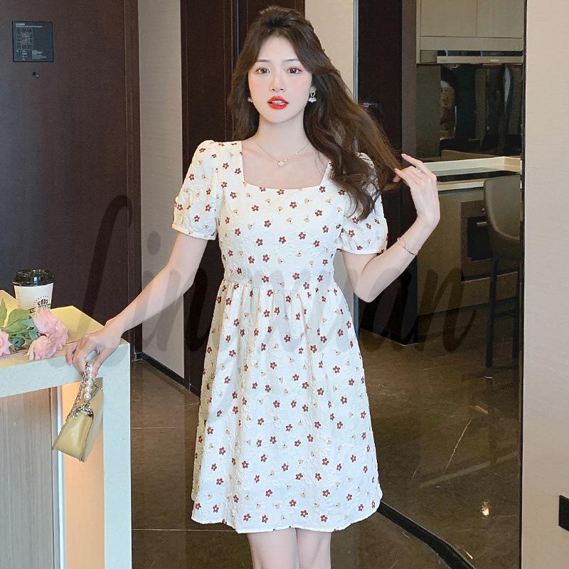 Yano Yayoi French Square Neck Floral Dress - Petite, Gentle & Sweet Style Small цветочный/бежевый