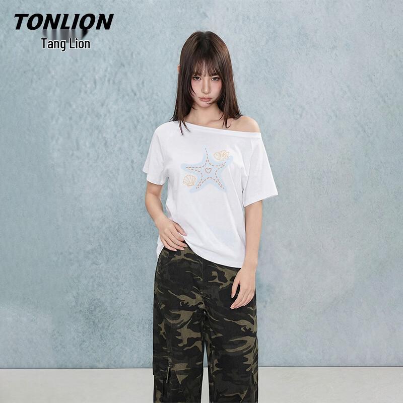 

TonLion Women s Korean Style Off-Shoulder Starfish Print T-shirt XL