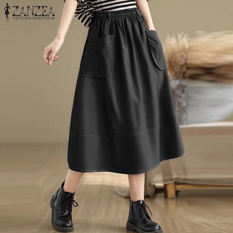 ZANZEA Women Casual Patch Pocket Elastic Waist Loose Skirt