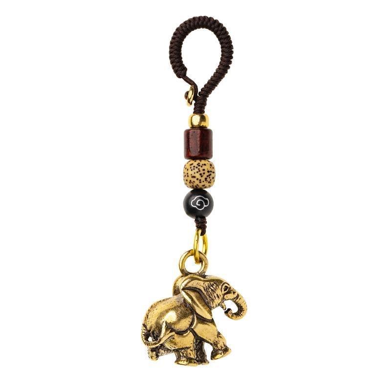 Brass Elephant Keychain Pendant with Decorative Beads and Cloud Pattern Cord Durable Metal Charm for Car Keys Accessories