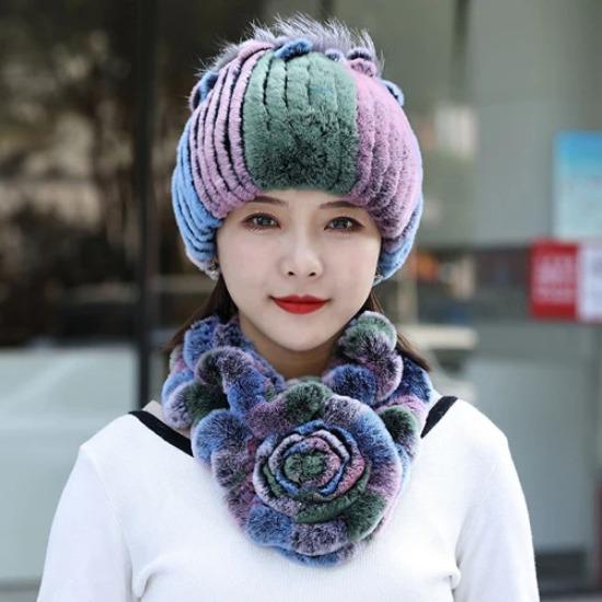 Neue Mode Frauen Winter Echte Rex Kaninchen Pelzmütze Schal Natürliche Weiche Rex Kaninchen Pelz Kappe Schals Sets Für Dame Im Freien warm halten