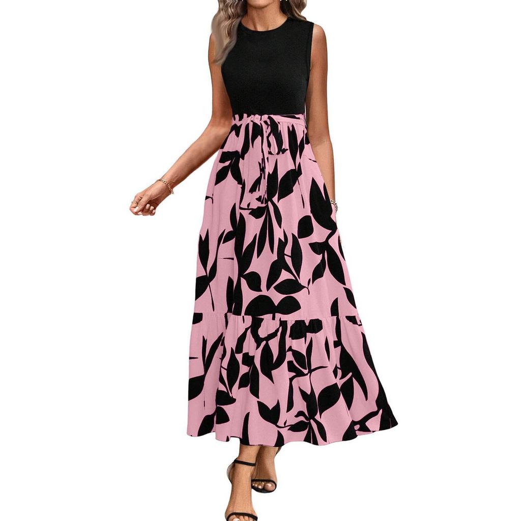 Women's Floral Print High Waist Fashionable And Elegant Sleeveless Dress