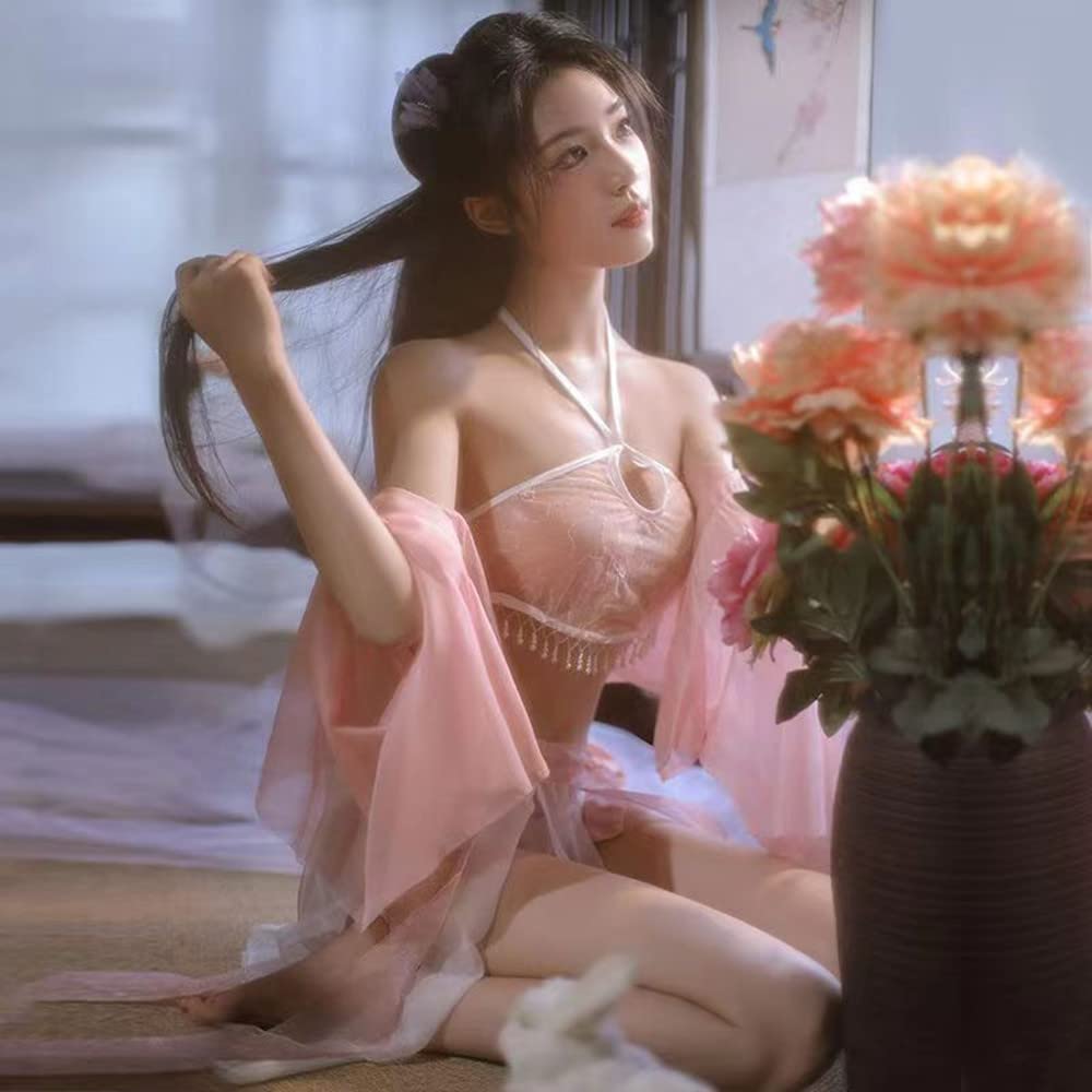 Extremely Hanfu Court Soft Chinese Style Maid Maid Photo Free Pink Sheer Halter Neck [Qeozts] Cosplay, Sexy, Sexy, Cute, Set, Style, Temptation,