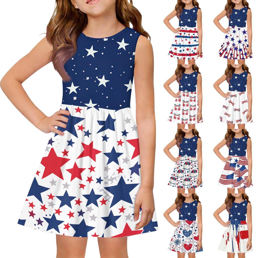 Girls' Summer Princess Dress - A-Line Vest Splice Dress Independence Day