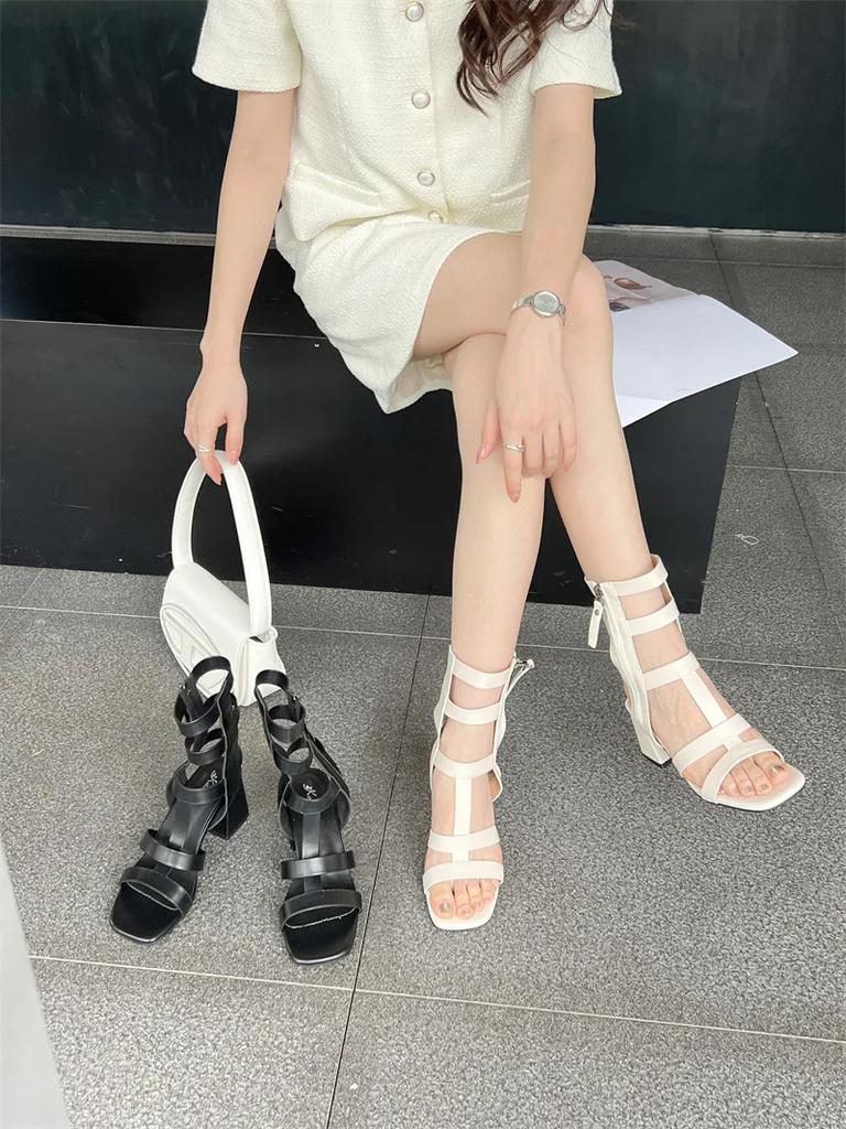 Sandale noi pentru femei, la modă, cu cap pătrat, curea subțire, toc gros și înalt, sandale romane