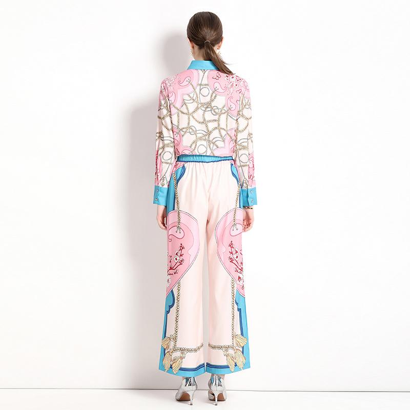 Spring Autumn Runway Designer Chain Flower Print Two Piece Set Women Long Sleeve Shirt Top And Elastic Waist Wide Leg Pant Outfit