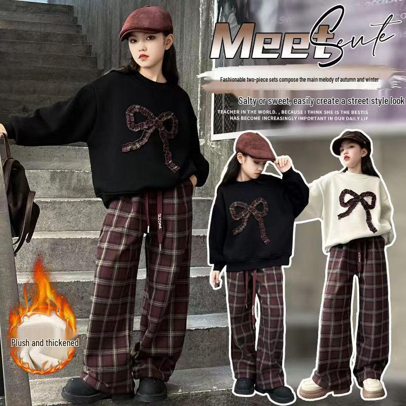 Girls' Fashionable Plaid Pants & Bow Sweatshirt Set - Autumn/Winter 2025