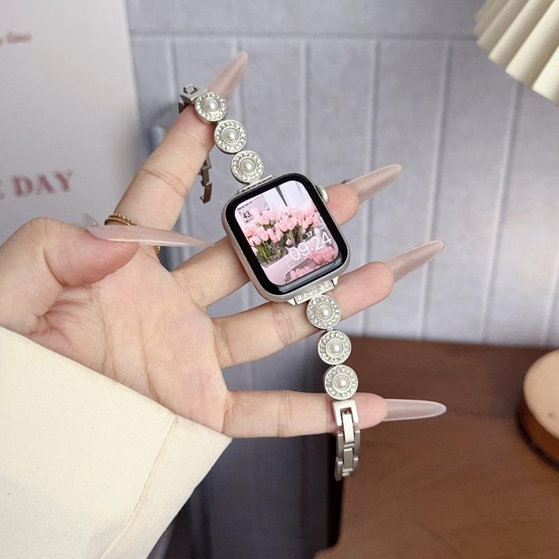 French Style Pearl Metal Chain Band for Apple Watch 11, iWatch 10987E, Huawei GT6, Xiaomi 9