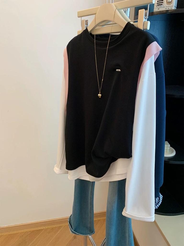 Women's Retro Color Block Long Sleeve Fake Two-Piece Top - Autumn/Winter Loose Fit