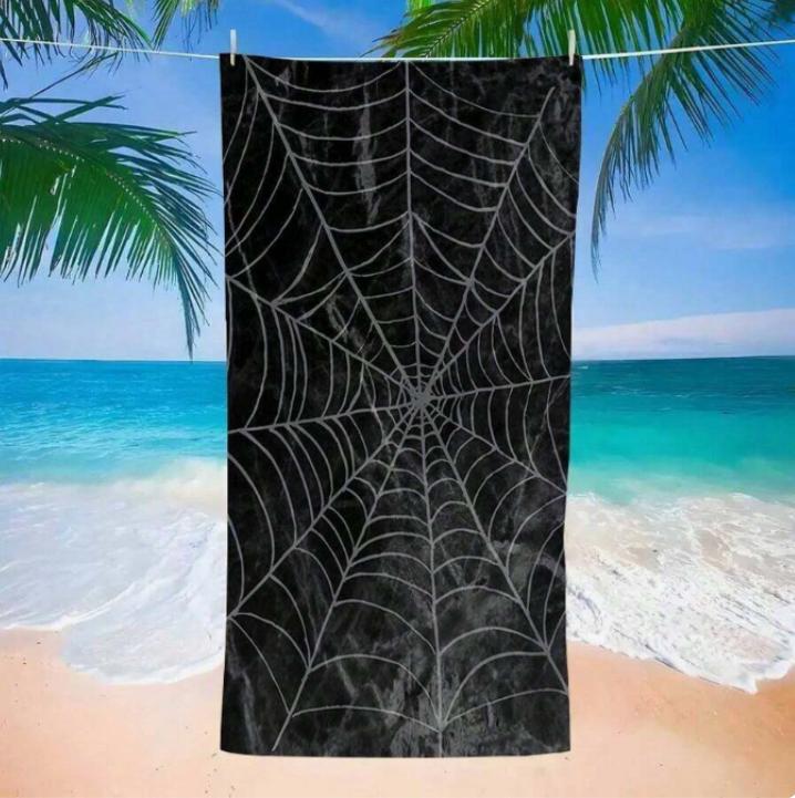 Black Spider Web Beach Towel, Microfiber Sand Free Quick Dry, Gothic Halloween Pattern, Soft Absorbent for Summer & Pool