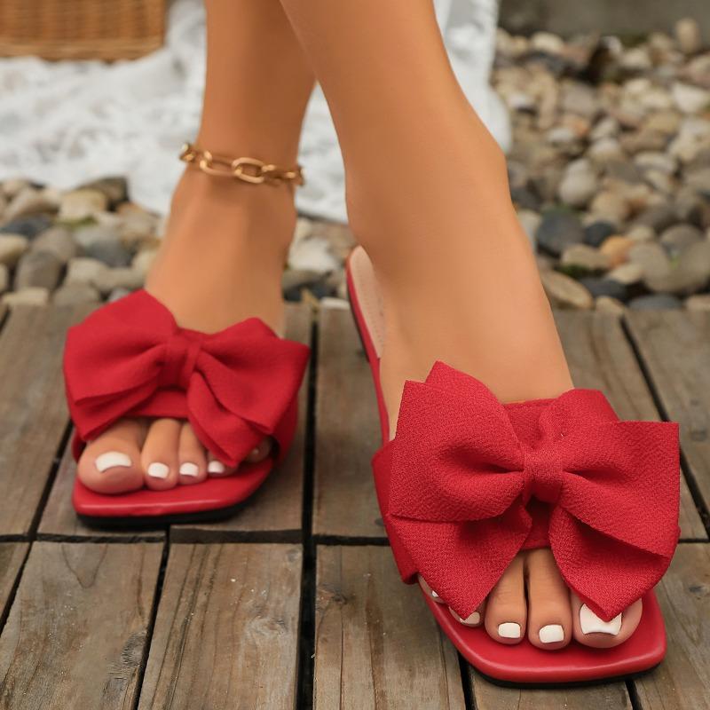 Fashion 2025 Summer Women’s Casual Slippers Bow Tie Outdoor Square Toe Classics Flat with Hot Sale Sandals for Plus Size Daily Slippers