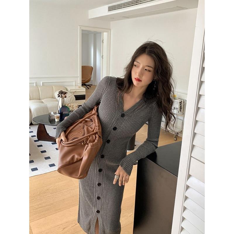 

[] Design sense niche gray knitted dress female autumn and winter royal sister celebrity temperament slim skirt S серый