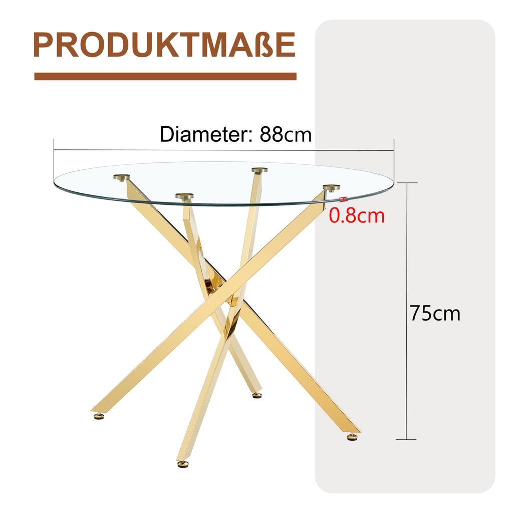 Round Dining Table In Luxurious Light Design with 88 Cm Diameter. Tempered Glass with Gold Metal Frame, Suitable for Dining Areas. For 2–4 People.