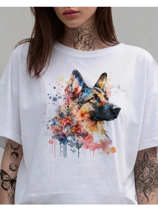 German Shepherd among flowers T-shirt. Summer print 3XL