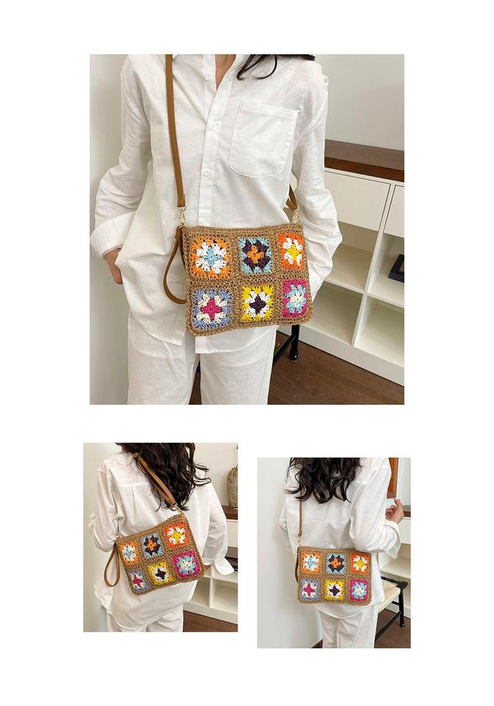Frühlings-Häkelblumen-Patchwork-Stroh-Quadrattasche - Damen Retro Gewebte Crossbody- und Umhängetasche