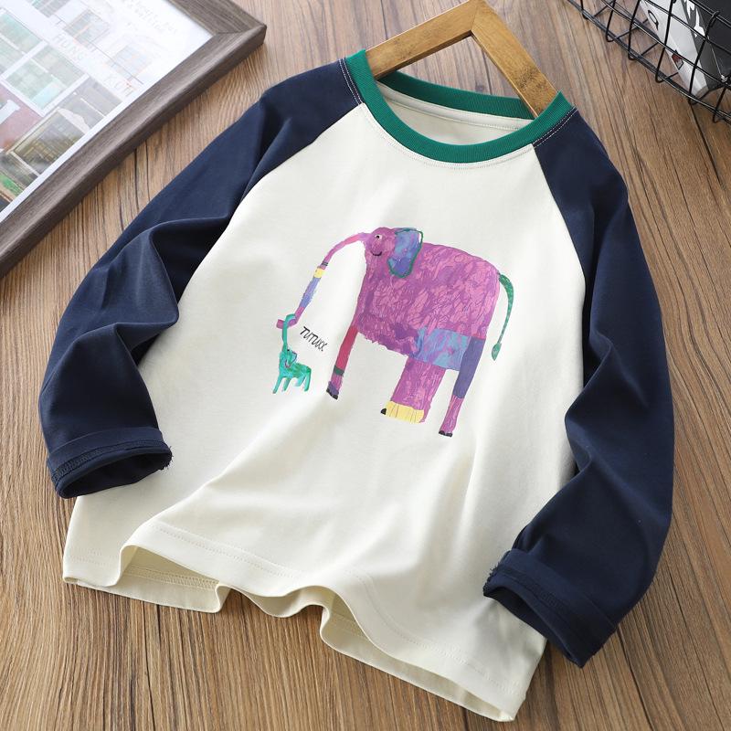 Stylowy T-shirt z blokami kolorów i rękawami raglanowymi na jesień 2025 dla dzieci - Modny koreański design z nadrukiem cyfrowym