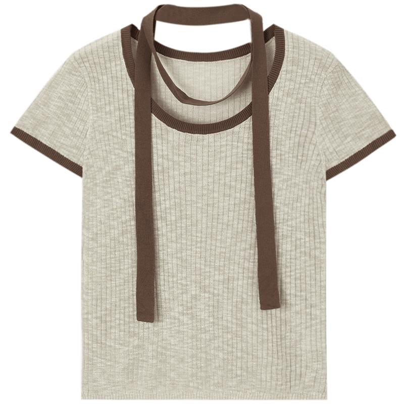 

Women s Summer Color-block Ribbon Knit T-shirt S