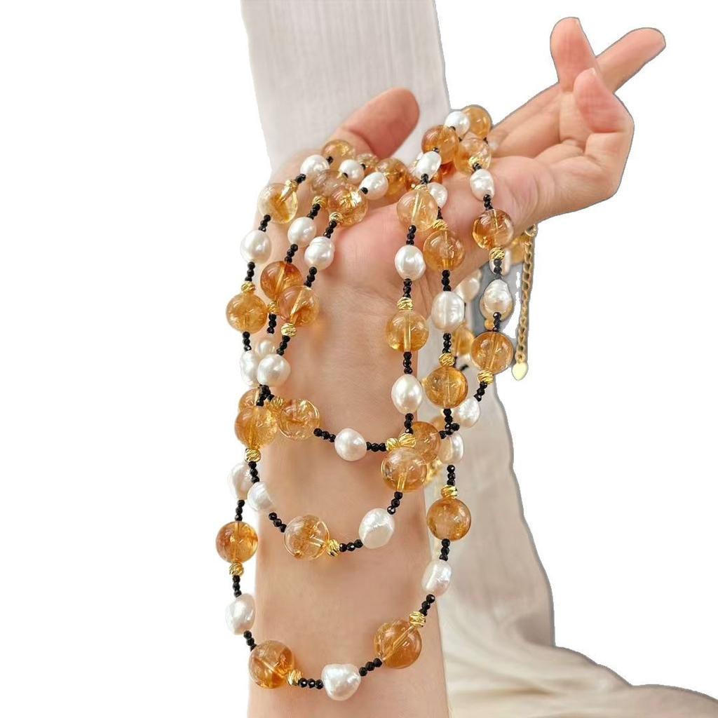 Vintage High Quality Natural Freshwater Pearl Citrine Contrasting Color Design Necklace Collarbone Chain