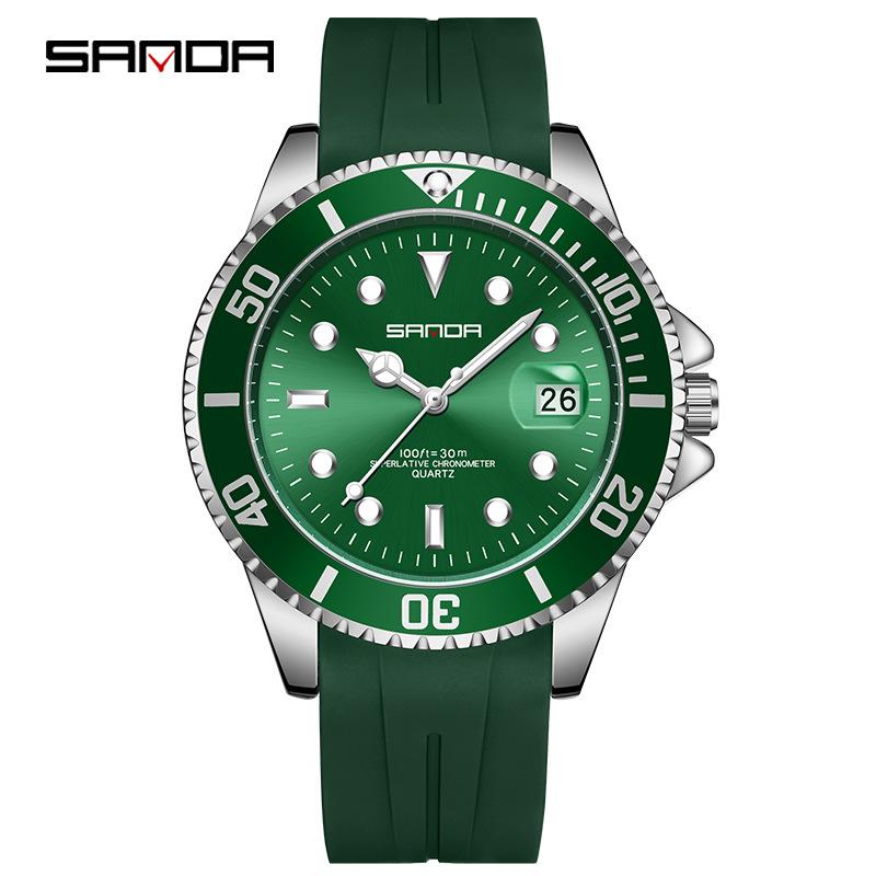 Sanda 7018 Green Silicone Water Ghost Men s Trendy Quartz Watch with Calendar