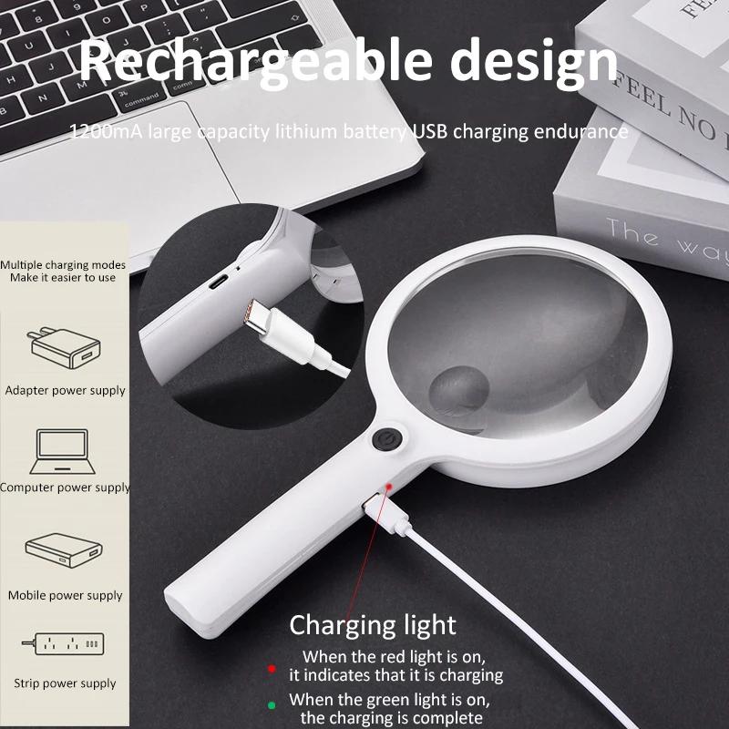 40/30/20X Rechargeable Handheld Illuminated Magnifier Portable Magnifying Glass with 3 Lighting Modes Magnifier for Reading