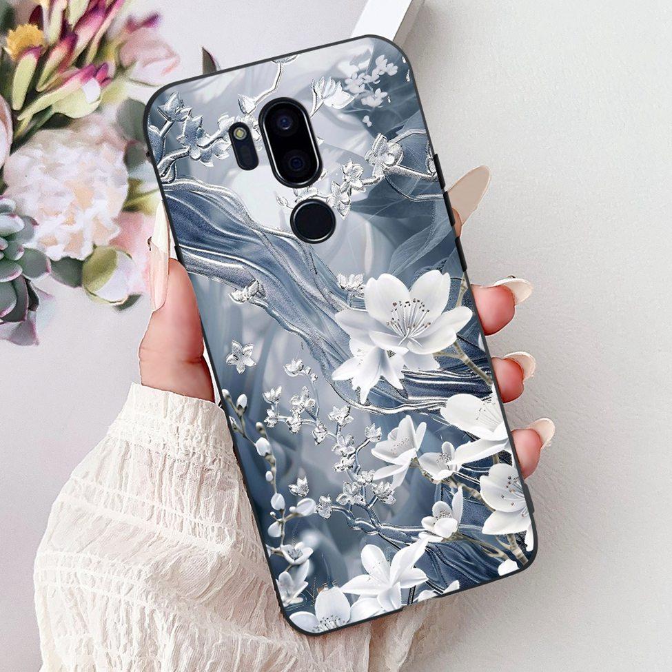 Para LG G7 ThinQ Funda Silicona Negra Gato Lindo Flores de Moda Trasera Pintada Genial Para LG G7ThinQ Funda de Teléfono LMG710EM