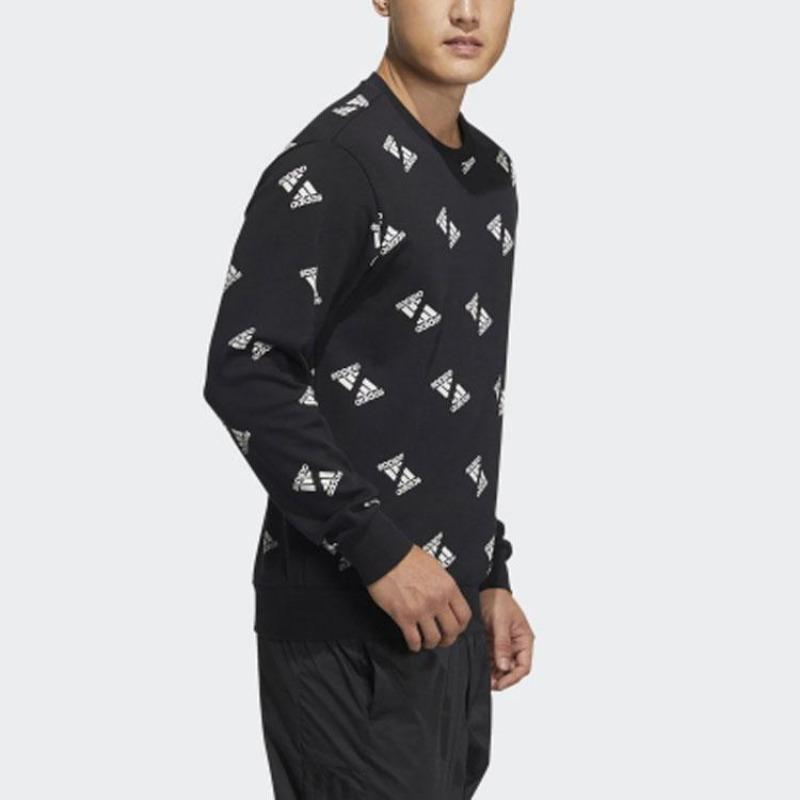 adidas Men's Black All-Over Print Logo Crew Neck Sweatshirt HE7447