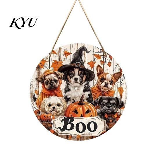 Autumn Maple Leaf Decor Wooden Halloween Door Sign, Cute Puppy Witch Hat Pumpkin Boo Front Gift for Dog Lovers Hanger, Fall Wall Porch Home Decoration