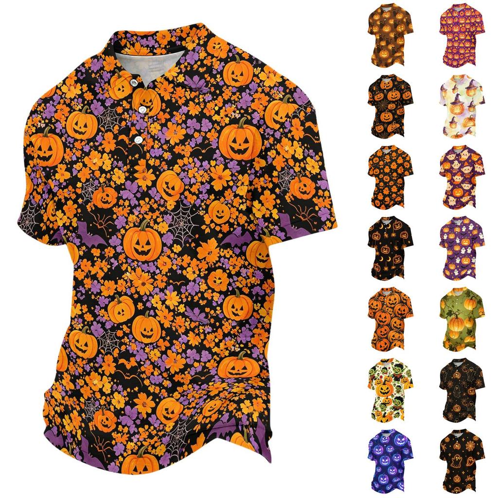 Unisex Loose Fit Casual Short Sleeve Polo Shirt with Halloween Themed Print Pullover Design for Everyday Wear