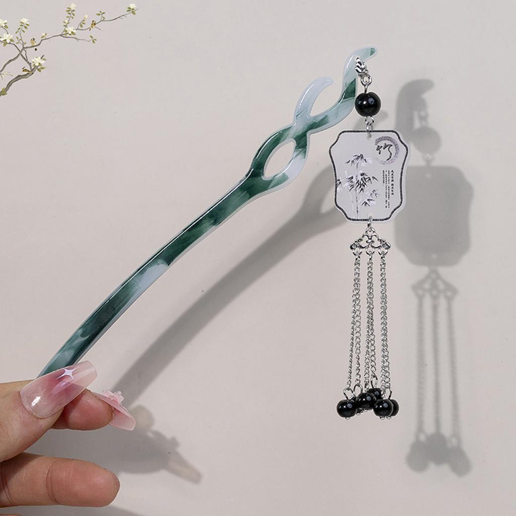 Ancient Chinese Style Hairpins Gradient Green Color Resin Hair Sticks Forks Chain Tassel Pendant Headpieces Hair Bun Maker