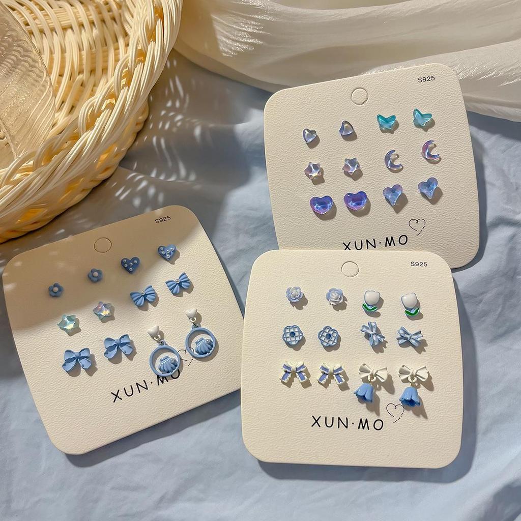 2024 New Blue Tone Silver Stud Earrings for Women