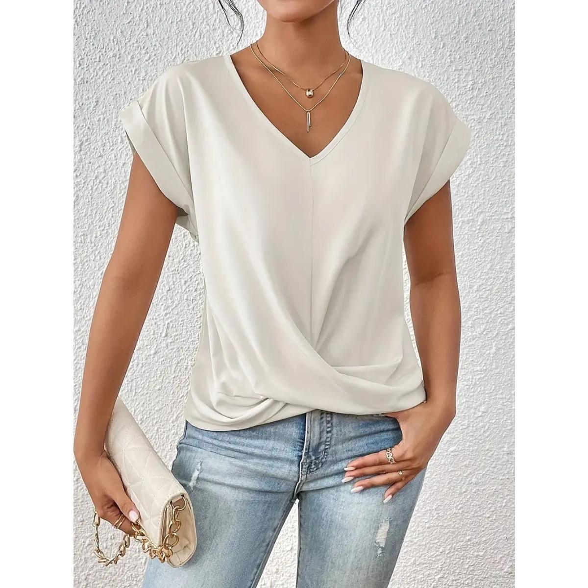 Women s V Neck Rolled Cap Sleeve T Shirt Front Twist Knot Solid Color Elegant Summer Blouse S белый
