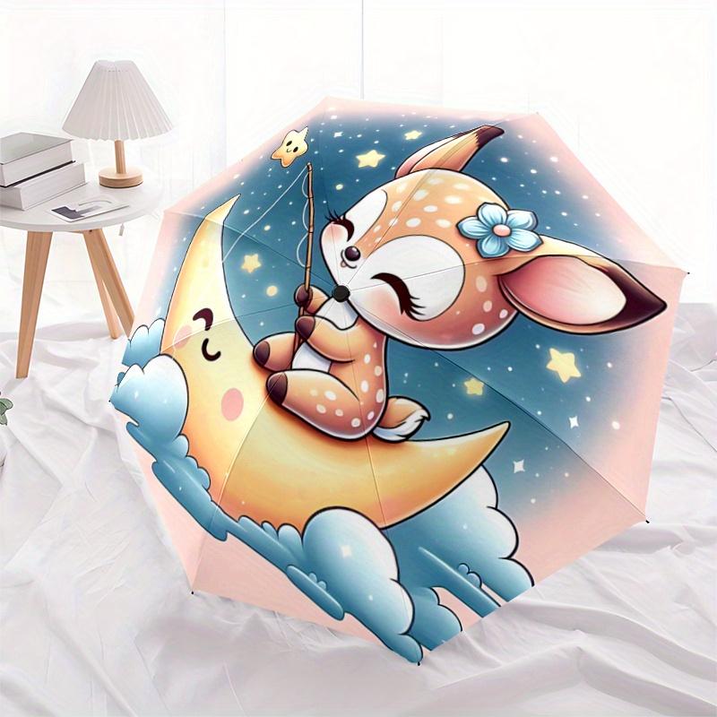 1pc Little Sika Deer & Moon Pattern Beautiful Looking Automatic Folding Umbrella, 3 Folding, 8 Pole Frame Design, Durable and Suitable for T