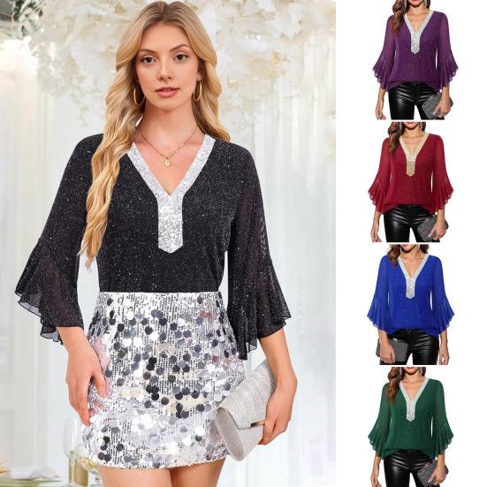 Damskie Topy z Falbankami i Rękawem 3/4 Błyszczące cekinowe z Dekoltem V Codzienna Bluzka Jesień Lato Eleganckie Błyszczące Koszule do Ślubu Biznesu Pracy