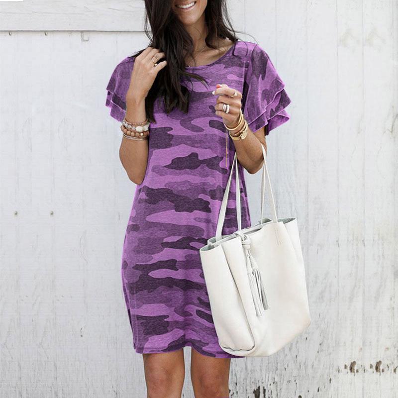Summer 2020 Women's Camouflage Print Loose Dress - Round Neck, Short Sleeve, European & American Style