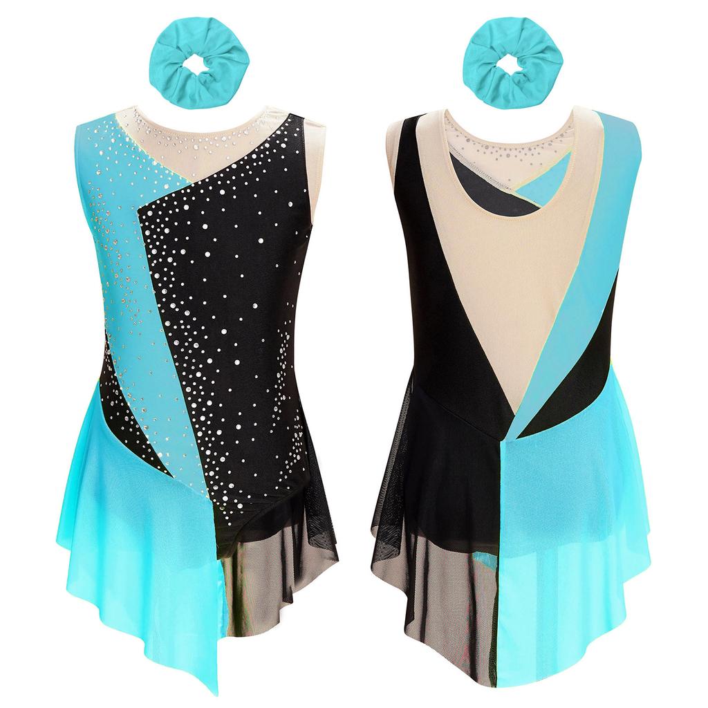 Eiskunstlauf-Tanz-Outfit für Mädchen, glitzernder Strass-Trikot in Farbblock-Optik, durchsichtiges Netzgewebe, Patchwork, rhythmische Sportgymnastik, Tanzbekleidung