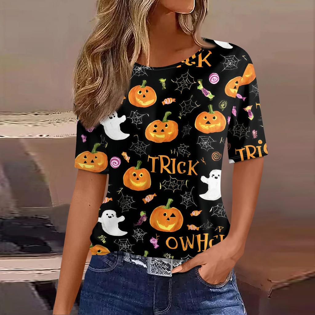 Womens Casual Short Sleeve Pullover Top Halloween Ghost Print Round Neck Relaxed Fit Tee Shirt